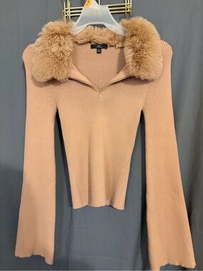 My Michelle Beige Ribbed V-Neck Sweater with Faux-Fur Collar